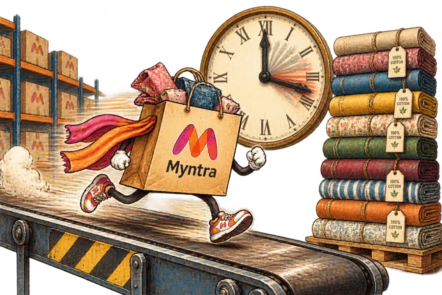 A Myntra shopping bag speeding along a conveyor belt past stacked, unopened fabric bolts, with a wall clock behind