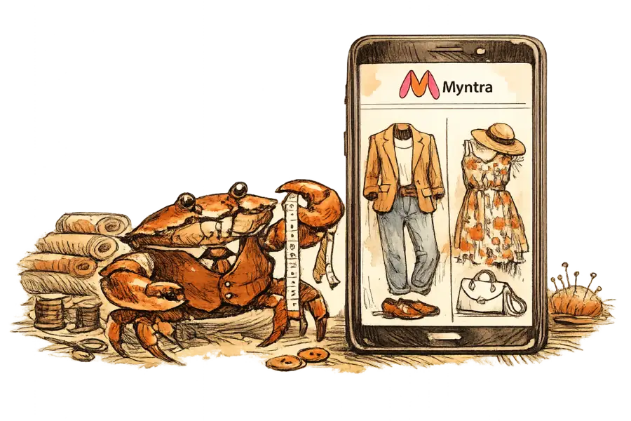 A crab in a waistcoat holds a measuring tape beside a phone screen showing AI outfit recommendations, with the Myntra logo visible