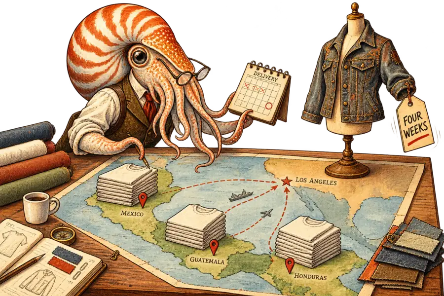 A nautilus in spectacles stands over a map of the Americas where Central America is stacked with identical t-shirts and Los Angeles holds a single elaborate jacket tagged FOUR WEEKS.