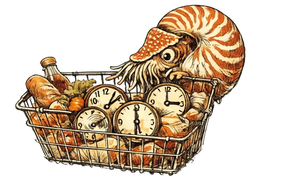 A nautilus examining a row of small clocks, each showing different times, arranged inside a wire grocery basket