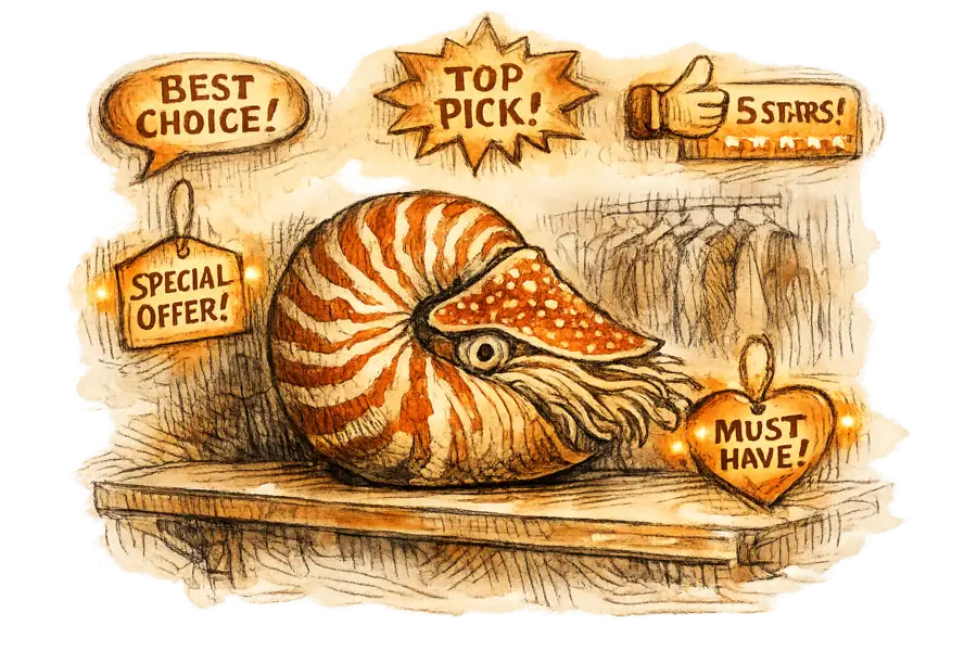 A nautilus shell on a retail shelf surrounded by floating spatial recommendation labels
