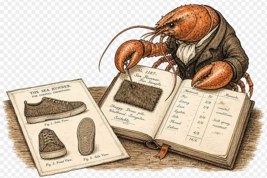 A lobster at a long table pins a shaggy fur swatch into an open ledger, beside a flat printed catalogue page showing the same sneaker.