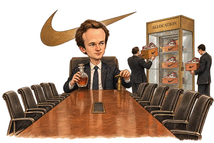 Caricature of Alexandre Arnault at a Nike boardroom table, closing a brass valve while sneakers are locked into a glass case marked Allocation.