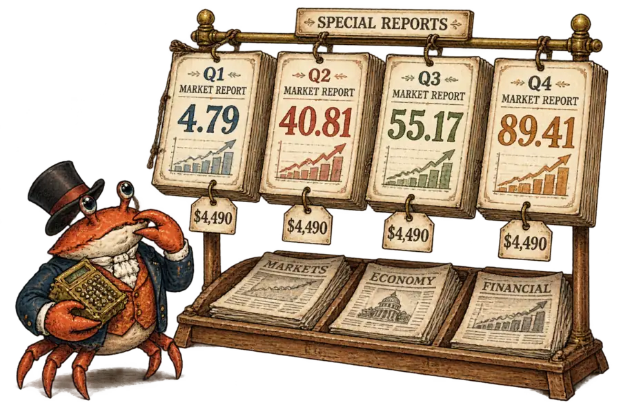 Four identical market reports hanging at a newsstand, each hand-lettered with a different forecast figure and the same price tag, watched by a crab in a Victorian waistcoat holding a brass calculator.