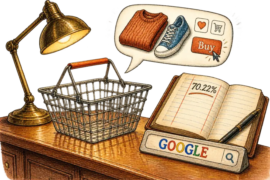 An empty wire shopping basket on a shop counter beside an open ledger reading 70.22%, with the goods floating above inside a chat bubble.