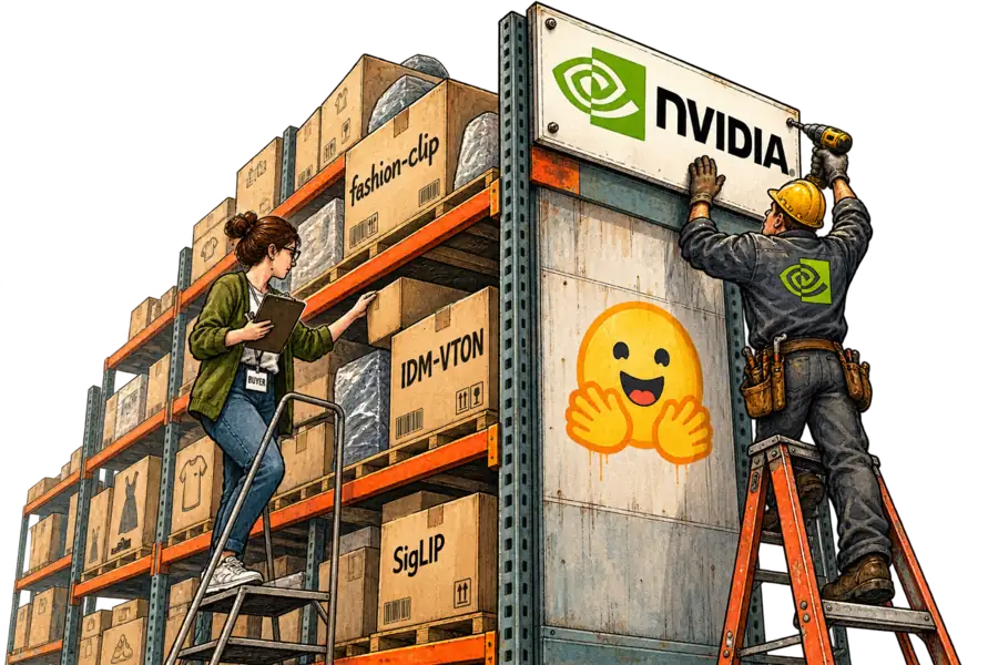 A hand-lettered NVIDIA sign bolted above a warehouse shelving aisle stencilled with the Hugging Face logo, boxes labelled fashion-clip and IDM-VTON on the racks below