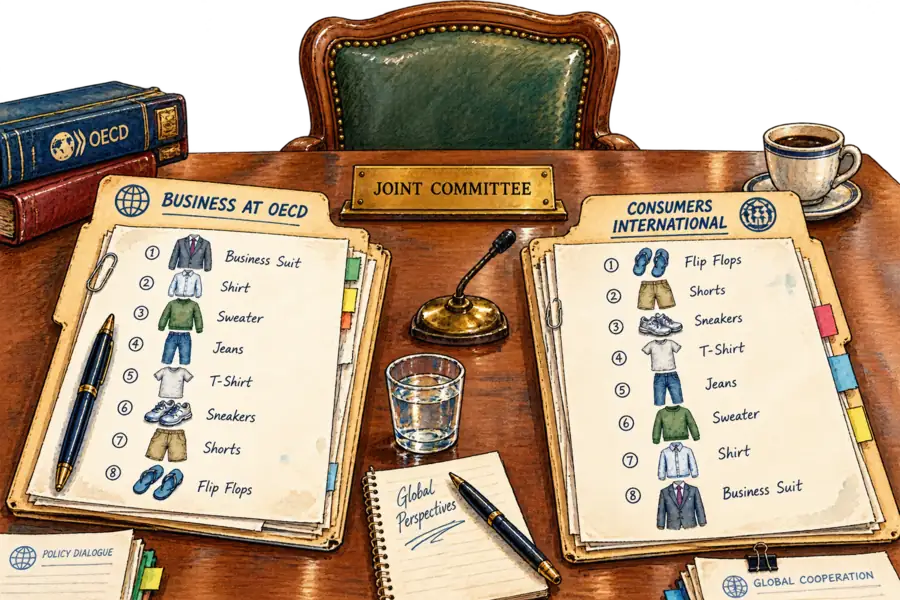 Two open document folders on a committee table, one hand-lettered Business at OECD and the other Consumers International, each holding the same list of garments ranked in opposite order