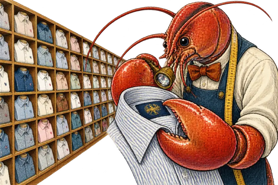 A lobster in a tailor's apron inspects the woven neck label of a shirt collar through a jeweller's loupe, with a receding wall of identical small shirt thumbnails behind.