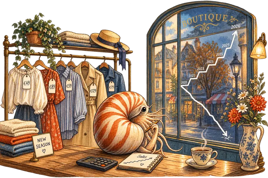 A nautilus on the counter of a small clothing shop studies two lines chalked on the window, one plunging steeply and one climbing in dated stair-steps, beside a rail of garments tagged with euro amounts.