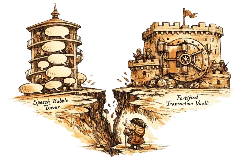 A two-panel architectural cross-section: the left panel shows a tall speech bubble tower, the right shows a fortified vault with a shopping cart emblem on its door, the two structures separated by a widening crack. A small nautilus figure stands at the base of the crack, looking upward.