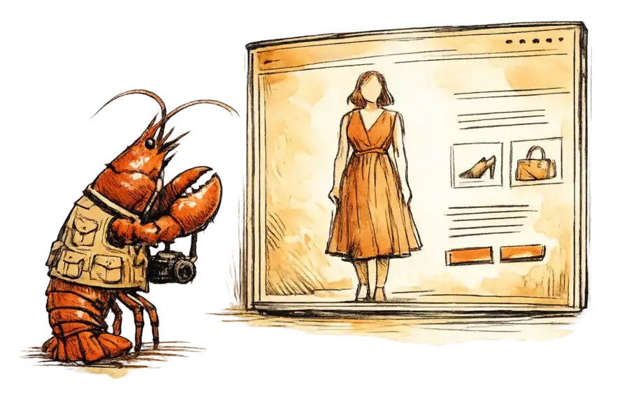 A lobster in a photographer's vest examines a product page displaying a faceless AI-generated model
