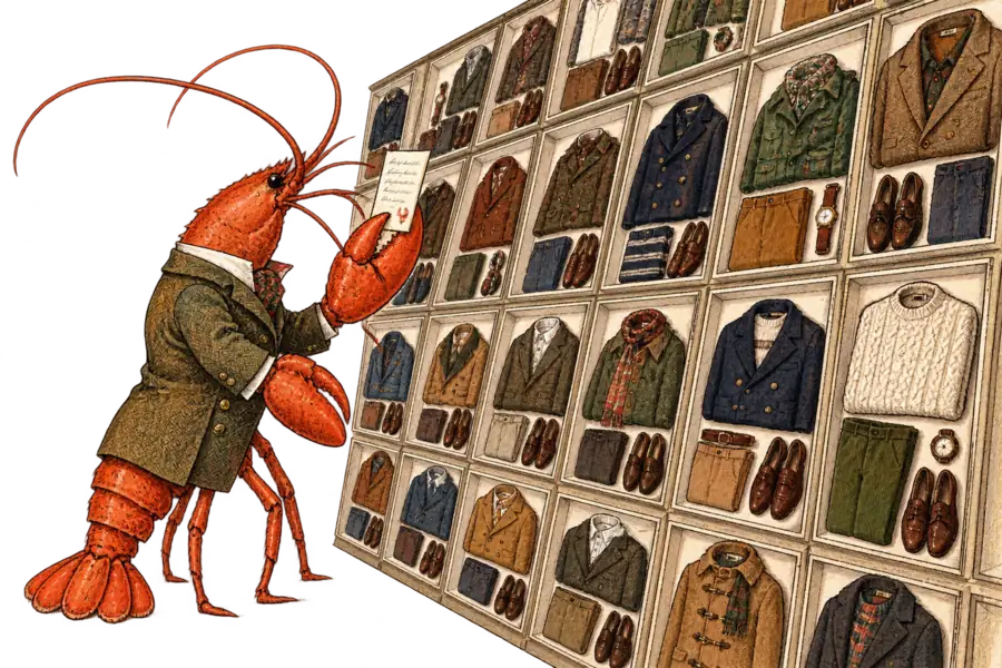 A lobster in a tailored coat stands before a floor-to-ceiling wall of identical outfit grids, holding up one small handwritten card.