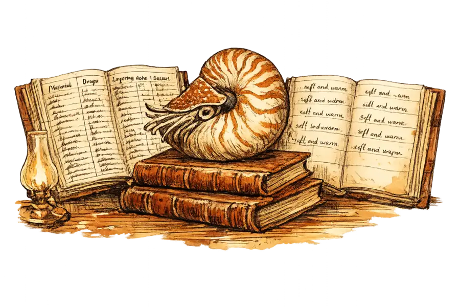 A nautilus shell reads two ledger books: one densely columned with fashion attributes, the other blank except for the phrase 'soft and warm'.