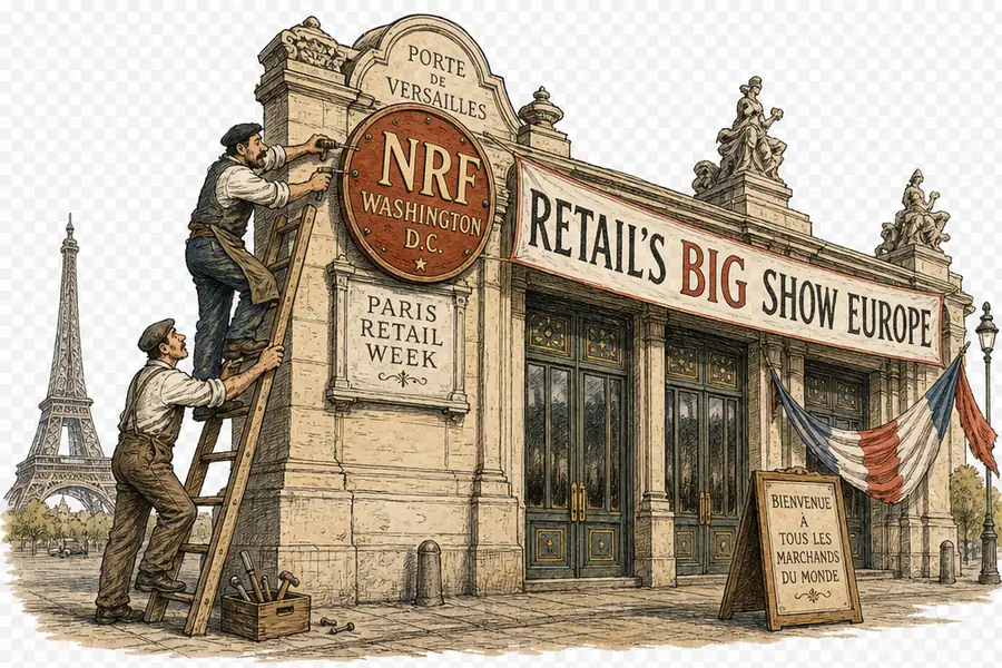 Workmen on a ladder bolt a large seal lettered 'NRF Washington D.C.' over a carved sign reading 'Paris Retail Week', beneath a banner for Retail's Big Show Europe.