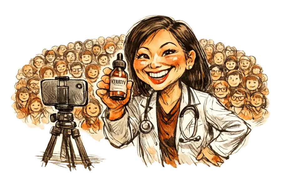 Caricature de la dermatologue Dr. Joyce Park en train de se filmer en tenant un flacon de sérum Kerativ, une foule dense d'icônes d'abonnés massée derrière elle.