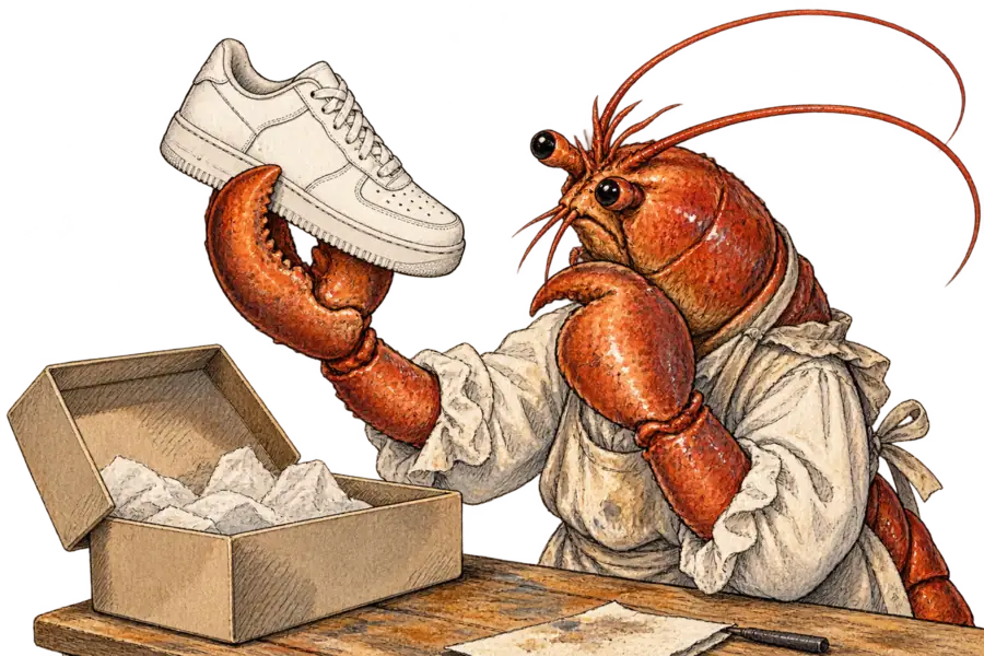 A lobster inspects a white low-top sneaker, turning it to study the blank side panel where a logo should be, an empty shoebox open on the bench beside her.