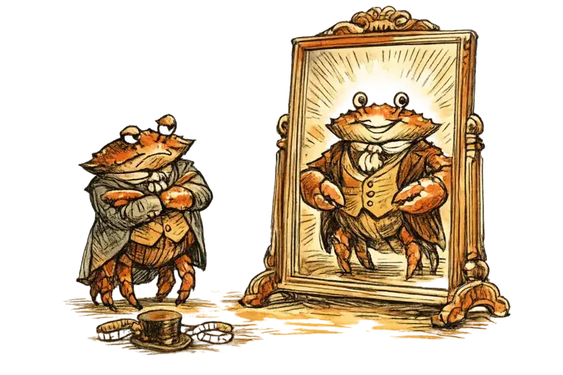 Sir John Crabstone in a Victorian waistcoat stands before a fitting room mirror that shows an uncritically flattering reflection, expression skeptical