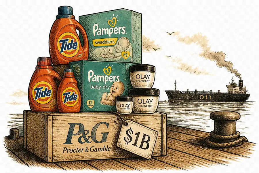Stacked Procter & Gamble products on a wooden shipping dock with an oil tanker silhouette in the distance