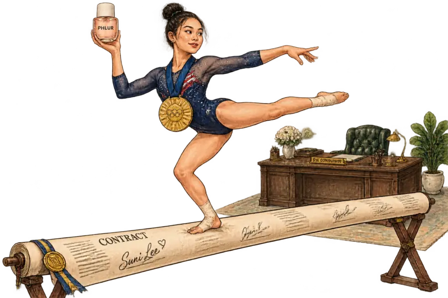 Caricature of Olympic gymnast Suni Lee balancing on a beam made from a long signed contract, an oversized gold medal swinging, holding up a hand-lettered Phlur perfume bottle, with a TSG Consumer nameplate on an empty desk behind.