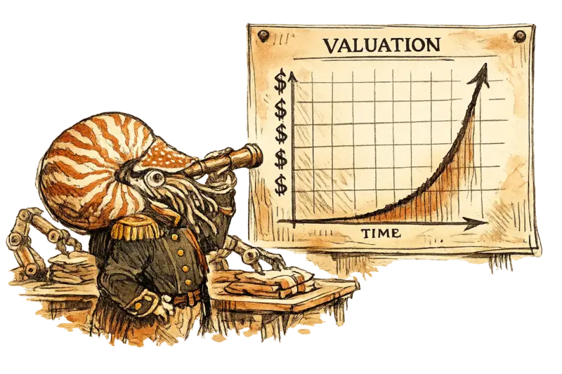 Admiral Vale as a nautilus in military jacket examines an exponential valuation chart while robotic arms fold garments behind him