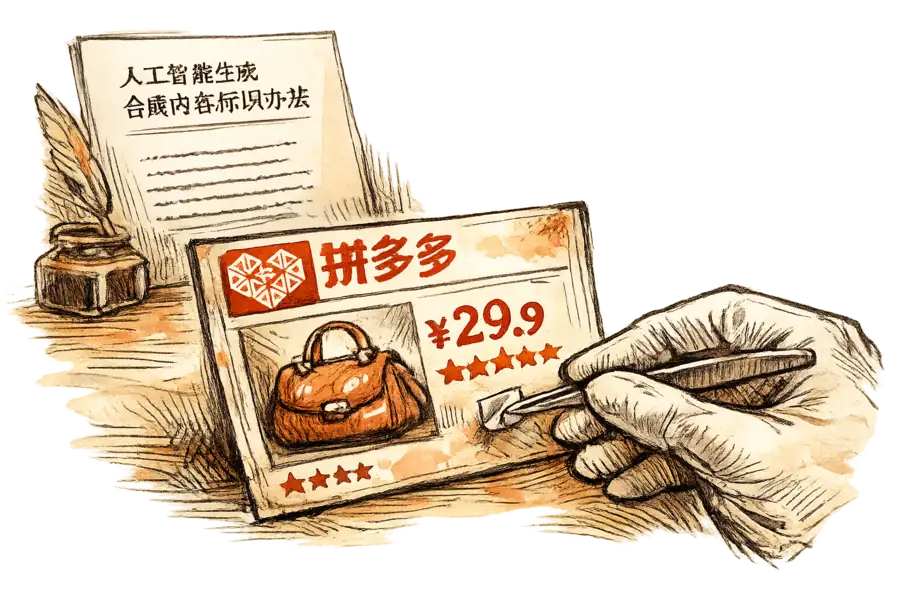 A Pinduoduo product listing with a watermark being peeled off by surgical tweezers, against the backdrop of a Chinese regulatory document.
