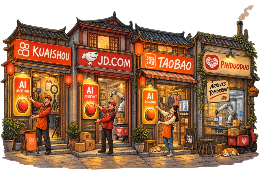 A row of Chinese e-commerce shopfronts: Kuaishou, JD and Taobao each with a large illuminated 'AI ASSISTANT' button on the door, and a Pinduoduo storefront with only a hand-lettered 'ARRIVES TOMORROW' sign, the same machine visible running in its window.