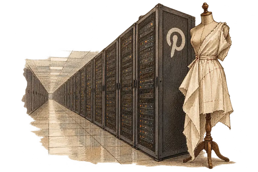 A dressmaker's form wearing a plain muslin toile stands at the end of a server aisle, a Pinterest 'P' stencilled on the nearest rack.