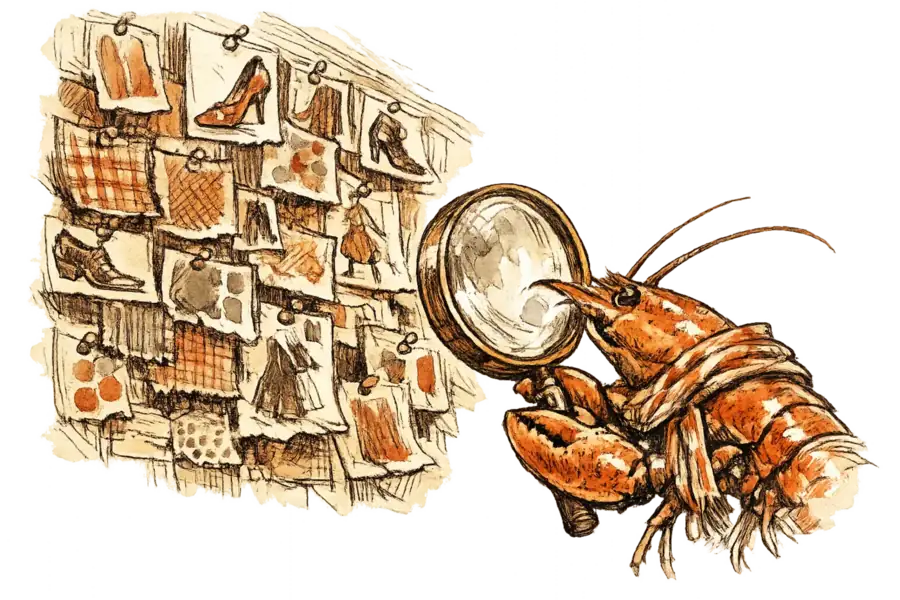 A lobster in a silk scarf examines a collage wall of fabric swatches and outfit clippings through a magnifying glass