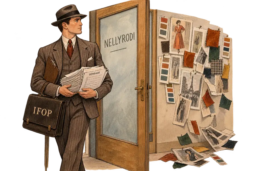 A pollster in a 1930s suit standing in the doorway of a Paris trend agency with a stack of questionnaires, as colour cards slide off the wall behind.