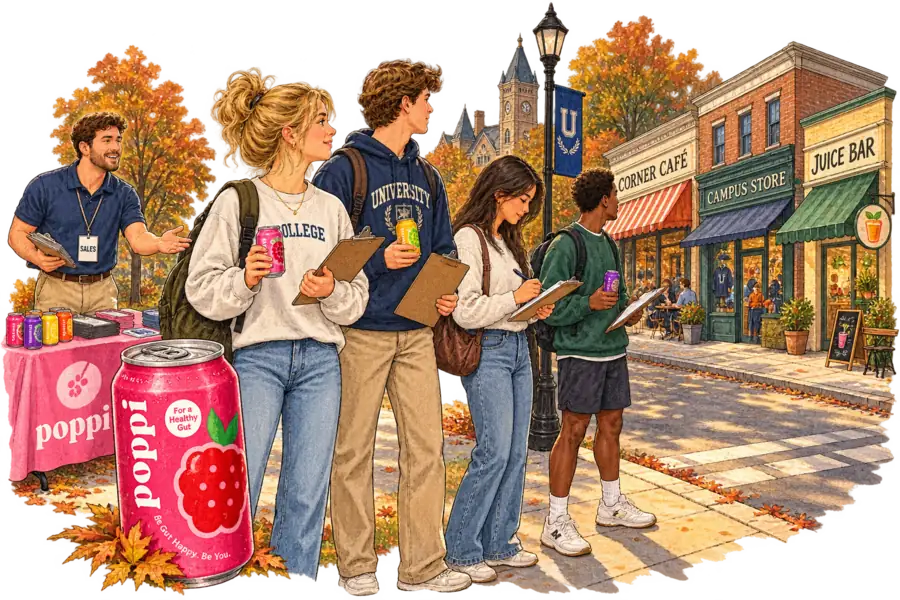 Four college students in a campus quad holding Poppi cans and clipboards, writing down the names of the storefronts across the street while a man with a SALES badge waits for the clipboards