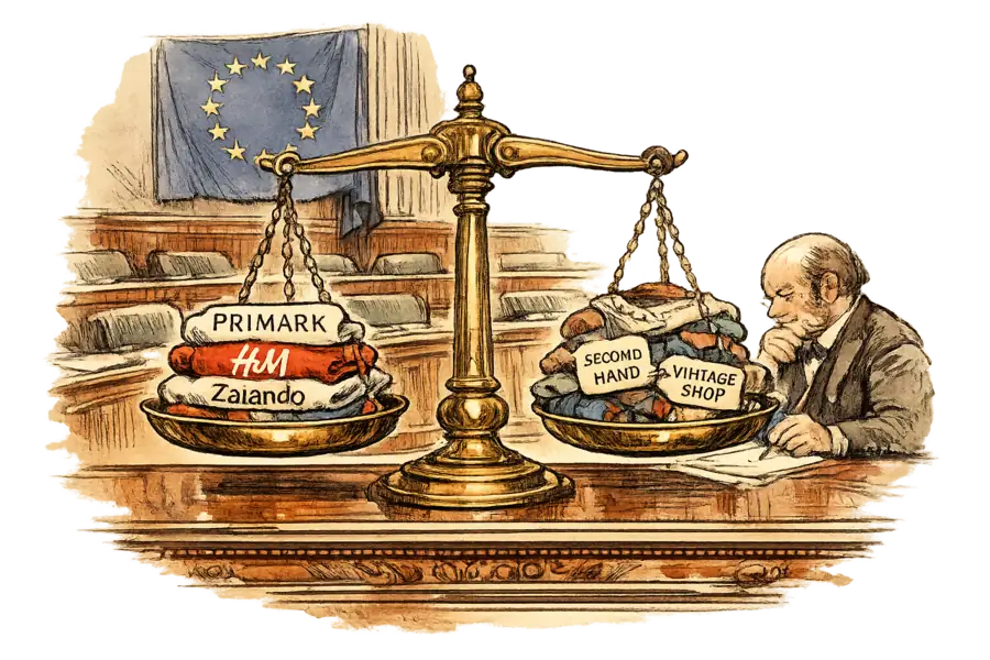 A brass weighing scale in a Brussels parliamentary chamber, with new fast-fashion garments on one pan and the same garments mended for resale on the other.