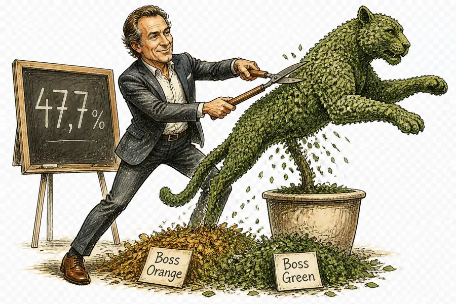 Caricature of Mark Langer pruning a topiary shaped like a leaping Puma cat, with discarded clippings labeled Boss Orange and Boss Green at his feet.