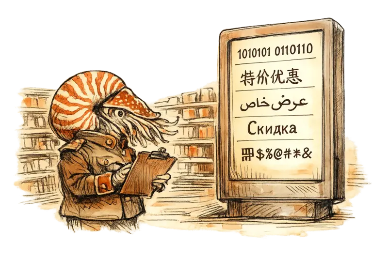 Admiral Vale, a nautilus in a military jacket, studies a glowing multilingual retail kiosk with clipboard in hand