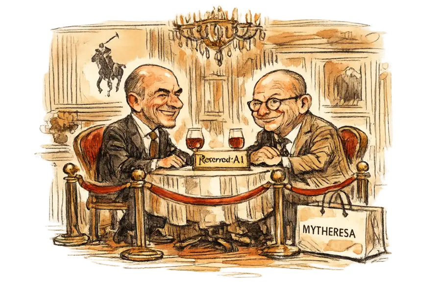 Two luxury CEOs at a velvet-roped table marked 'Reserved: AI' inside an empty boutique.