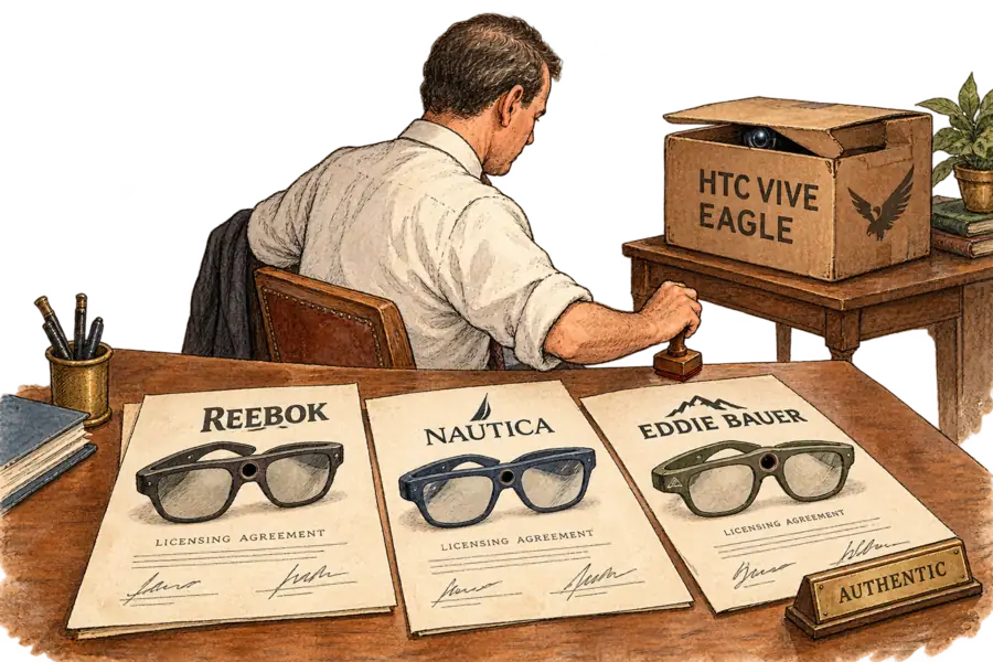 Three signed licensing contracts labelled Reebok, Nautica and Eddie Bauer, each holding a pair of smart glasses with an empty socket where a camera lens would be, while an unopened HTC Vive Eagle box sits on a side table behind the desk.