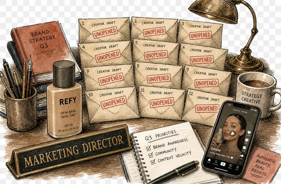 A Refy Skin Base Skin Tint bottle beside twelve sealed envelopes labelled creator drafts, each stamped 'UNOPENED'