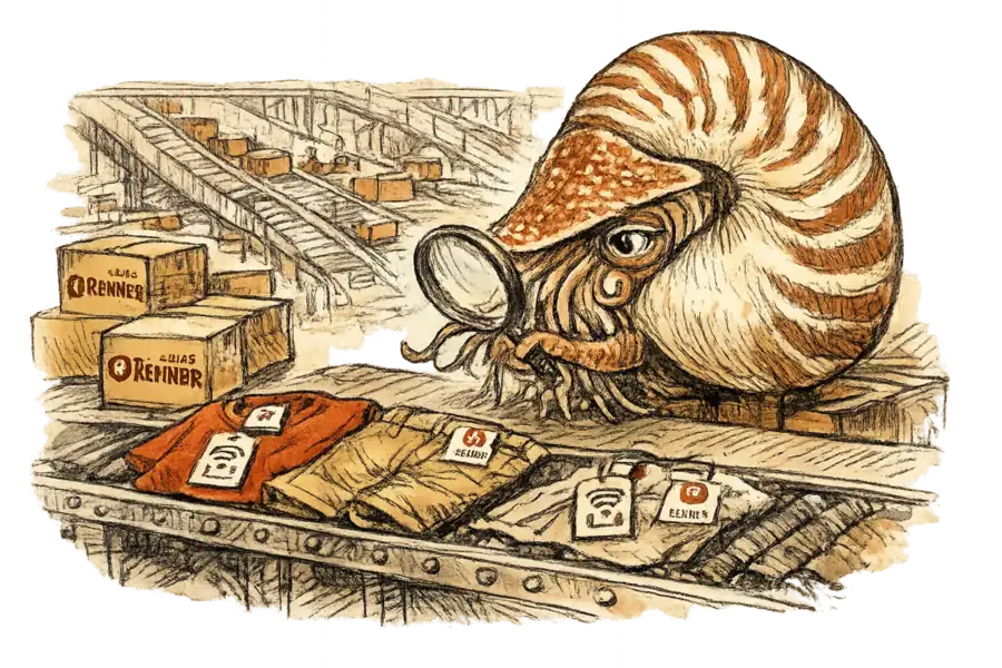 A nautilus shell inspects RFID-tagged garments on a conveyor belt in a Lojas Renner distribution center