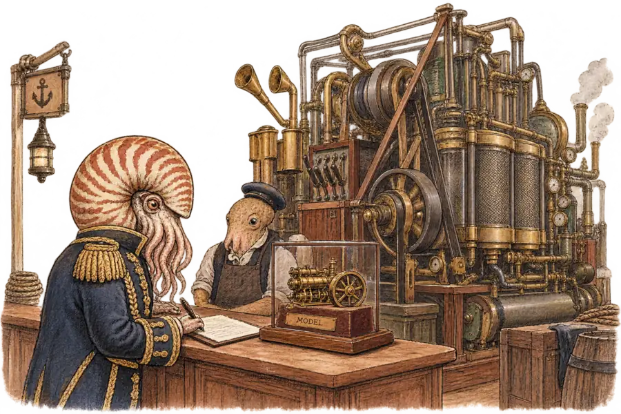 A nautilus in an admiral's coat signs for a small brass engine labelled MODEL at a chandlery counter while a far larger unlabelled machine behind the counter does the actual work