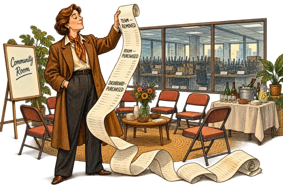 A brand executive stands in a new community room holding a long till receipt whose hand-lettered lines read 'team — removed', 'room — purchased', 'dashboard — purchased', with an emptied office floor visible through the window behind.