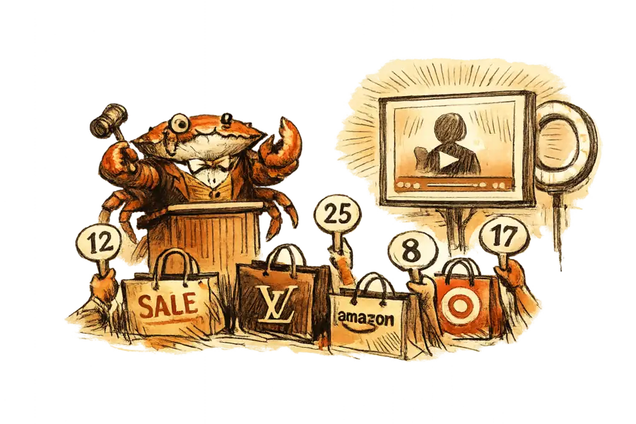 A crab in a waistcoat presides over an auction where retail shopping bags bid for creator content on a glowing screen