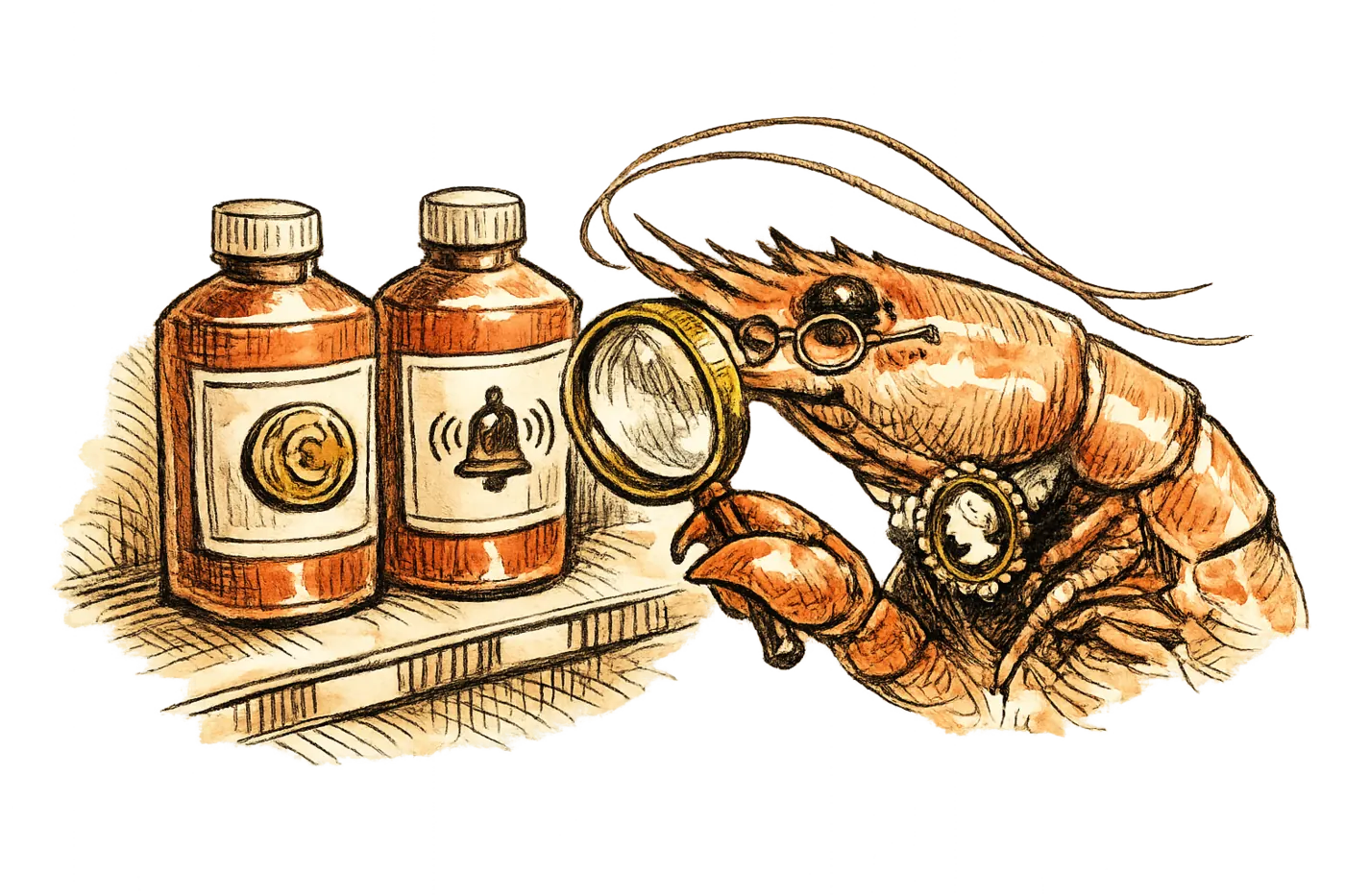 A retail shelf where two nearly identical products sit side by side — one carries a faint coin symbol embedded in its label, the other carries behavioral signal lines. A ghost crab in spectacles leans in to examine them, magnifying glass raised. Composition close and slightly overhead, clinical mood.