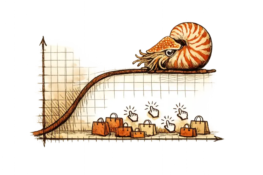 A nautilus studying a logarithmic growth curve that plateaus, surrounded by scattered shopping bags and click cursors on graph paper