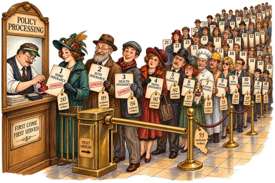 Fifty numbered policy cards queue at a shop turnstile, price tags denominated in customer orders, only three stamped through