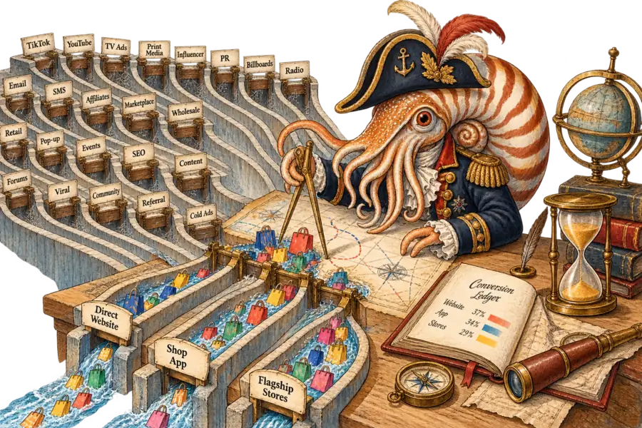 A nautilus in an admiral's coat at a chart table, directing a stream of shopping bags into three narrow channels while dozens of other channels stand dry