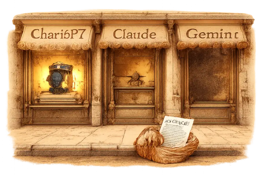 Three retail storefronts labeled ChatGPT, Claude and Gemini display the same fitness watch at radically different prominence; a nautilus on the curb holds a printed preprint.