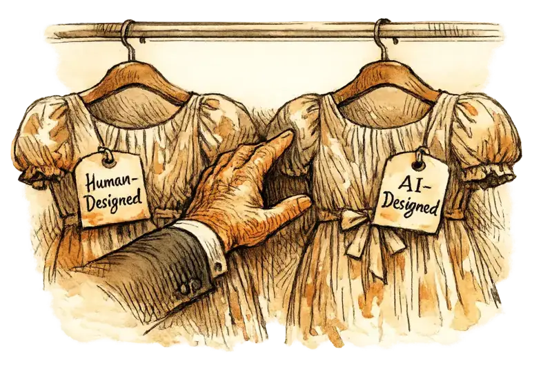 A shopper's hand reaching between two identical dresses on a rack, one with a hand-lettered tag reading "human-designed" and the other "AI-designed," the dresses indistinguishable. Close-up composition, hand at center. Clinical mood.