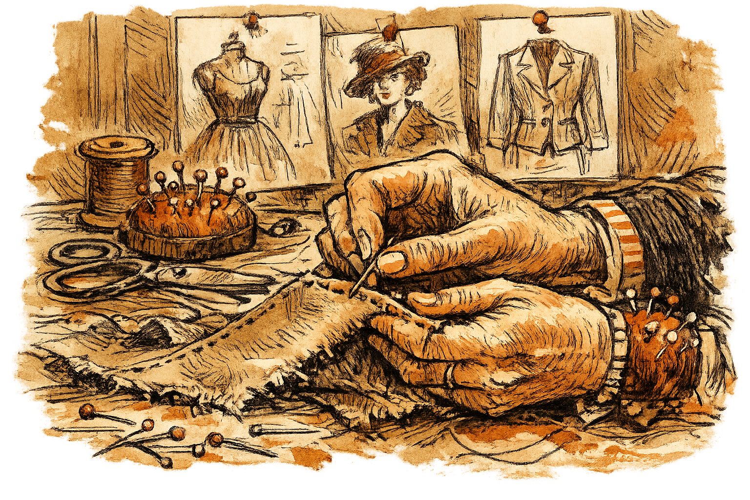A fashion designer's hands stitching raw-edged fabric at a cluttered worktable, pins scattered, hand-drawn sketches pinned to a board behind. Close-up on the hands. Warm, defiant mood.