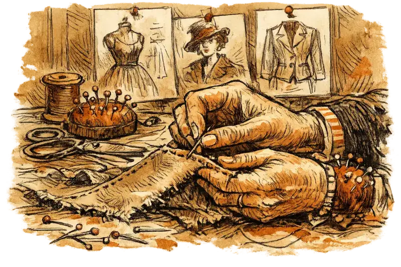 A fashion designer's hands stitching raw-edged fabric at a cluttered worktable, pins scattered, hand-drawn sketches pinned to a board behind. Close-up on the hands. Warm, defiant mood.