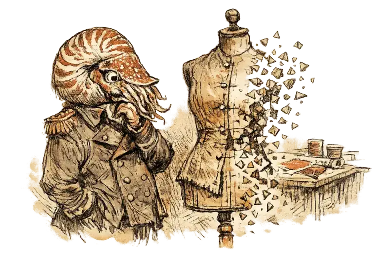 Admiral Vale, a nautilus in military attire, examines a dress form where a garment splits between handcrafted fabric and dissolving geometric fragments