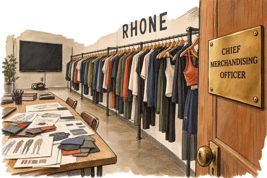 A merchandising line-review room with RHONE lettered on the wall, a new brass door plate reading CHIEF MERCHANDISING OFFICER, and a darkened forecasting screen pushed into the corner.